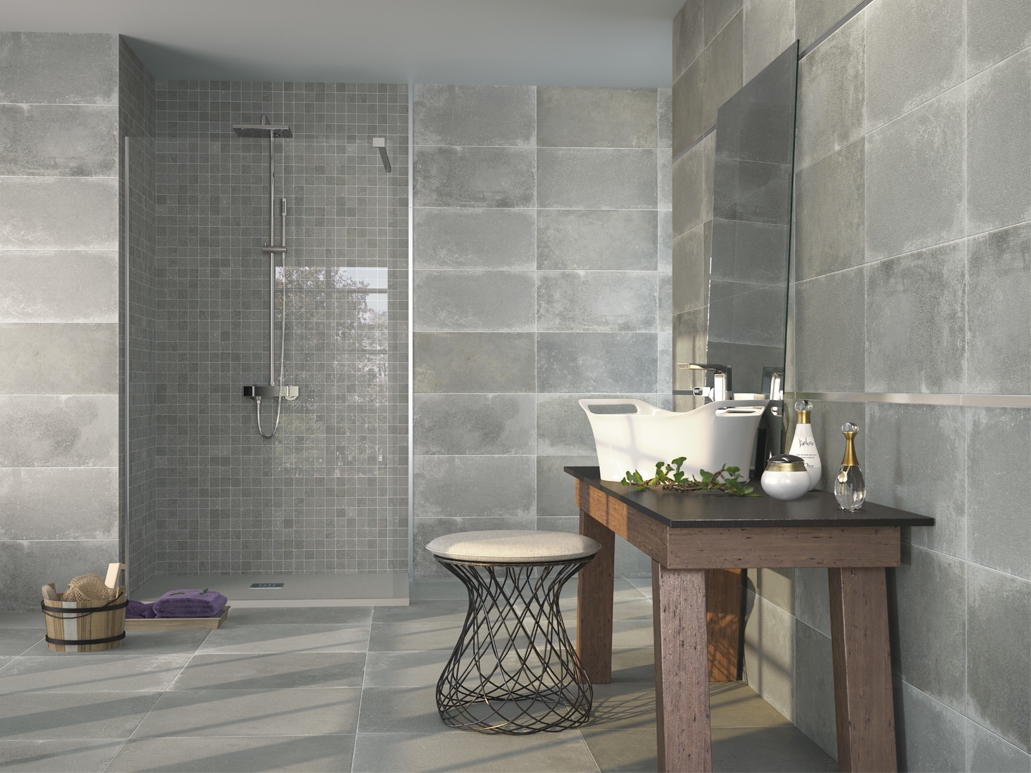 Carrelage mur salle de bain aspect béton-ciment